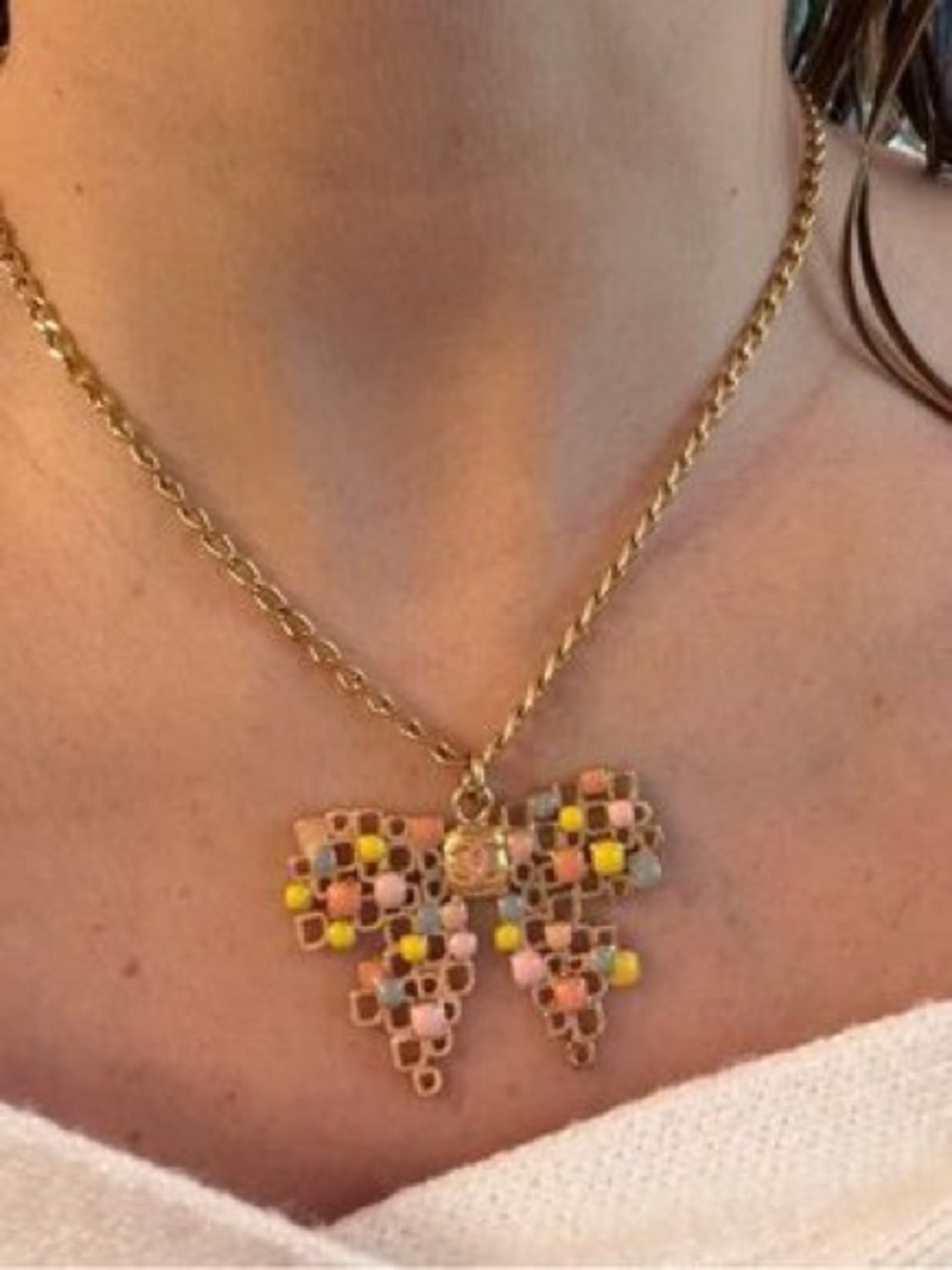 CHANEL Gold-Tone Bow Pendant Necklace with Pink, Yellow and Cream Beads